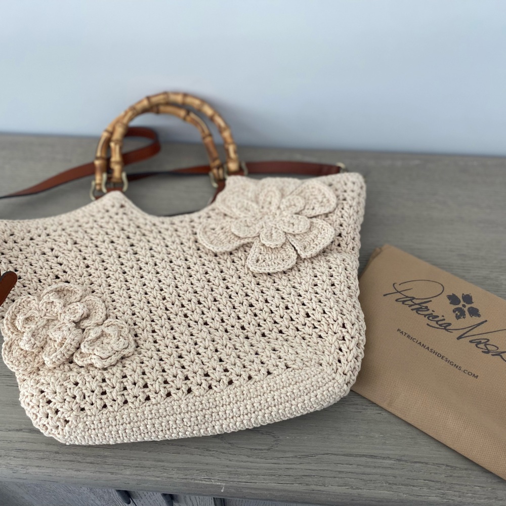 Patricia Nash Specialty Woven Mazara Cream Crochet Tote/Satchel w/ Flowers New